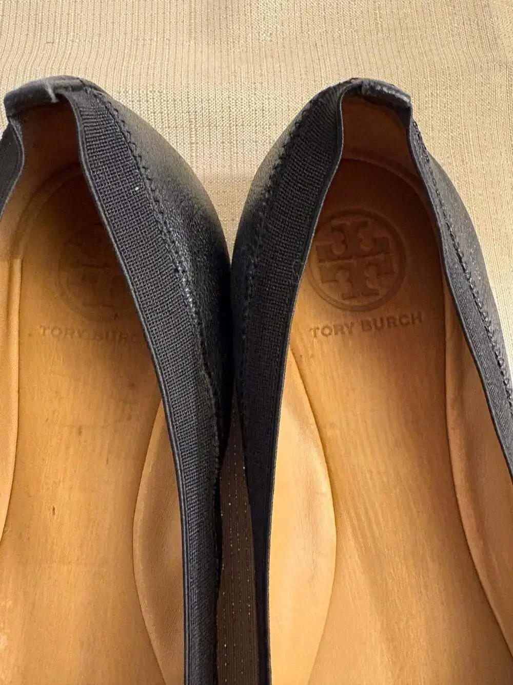 Tory Burch Black Leather Caroline Logo Emblem Ballet Flats